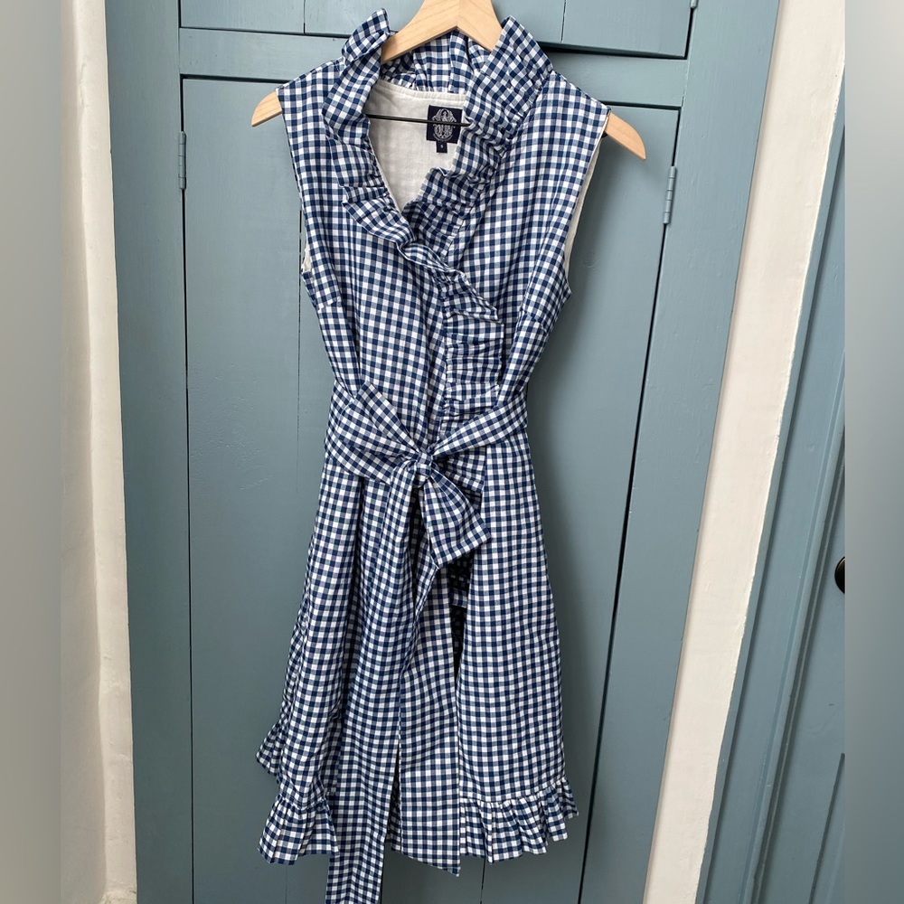 NEW Elizabeth Wilson Designs Navy Gingham Ruffle Wrap Dress